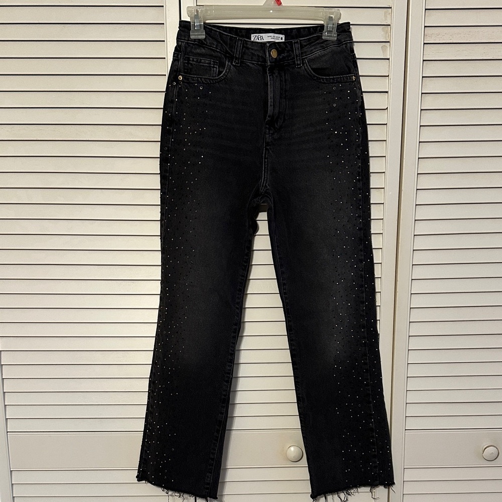 Zara Black Straight Leg Jeans with Studded Accents